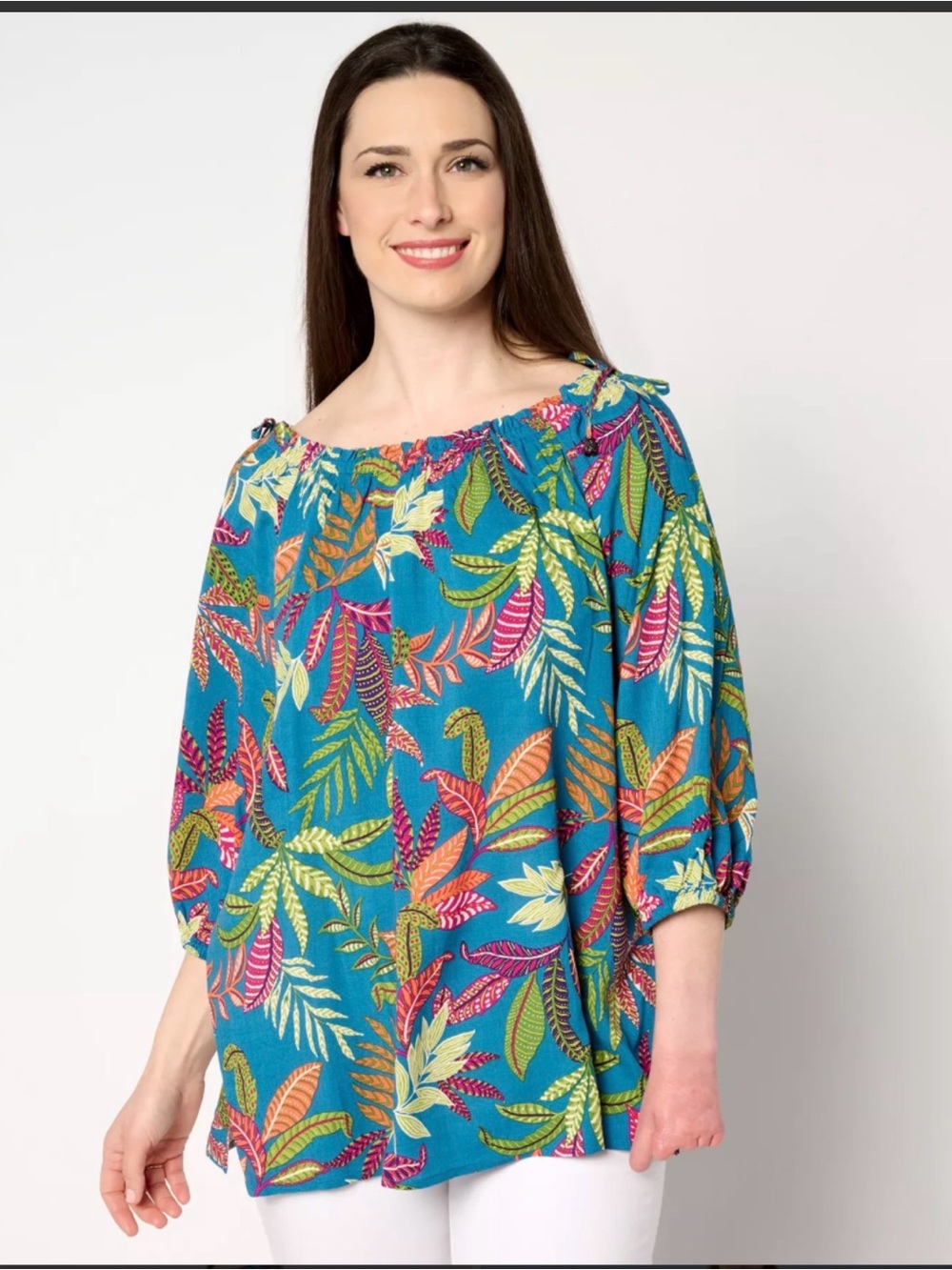 Susan Graver Teal Tropical Print Off-Shoulder oversized Tunic size xxs